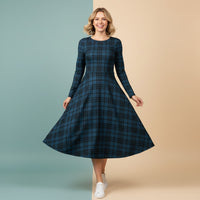 Navy Tartan Dress | Classic Blue Plaid Long Sleeve Midi Dress with Pockets