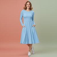Light Blue Dress Modest | Soft Pastel Long Sleeve Midi Dress with Pockets