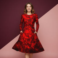 Red And Black Tie Dye Dress | Bold Crimson & Noir Midi Dress with Pockets