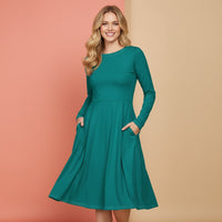 Teal Modest Dress | Elegant Jewel Tone Long Sleeve Midi Dress with Pockets