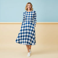Gingham Navy Dress | Navy and White Long Sleeve Midi Dress with Pockets
