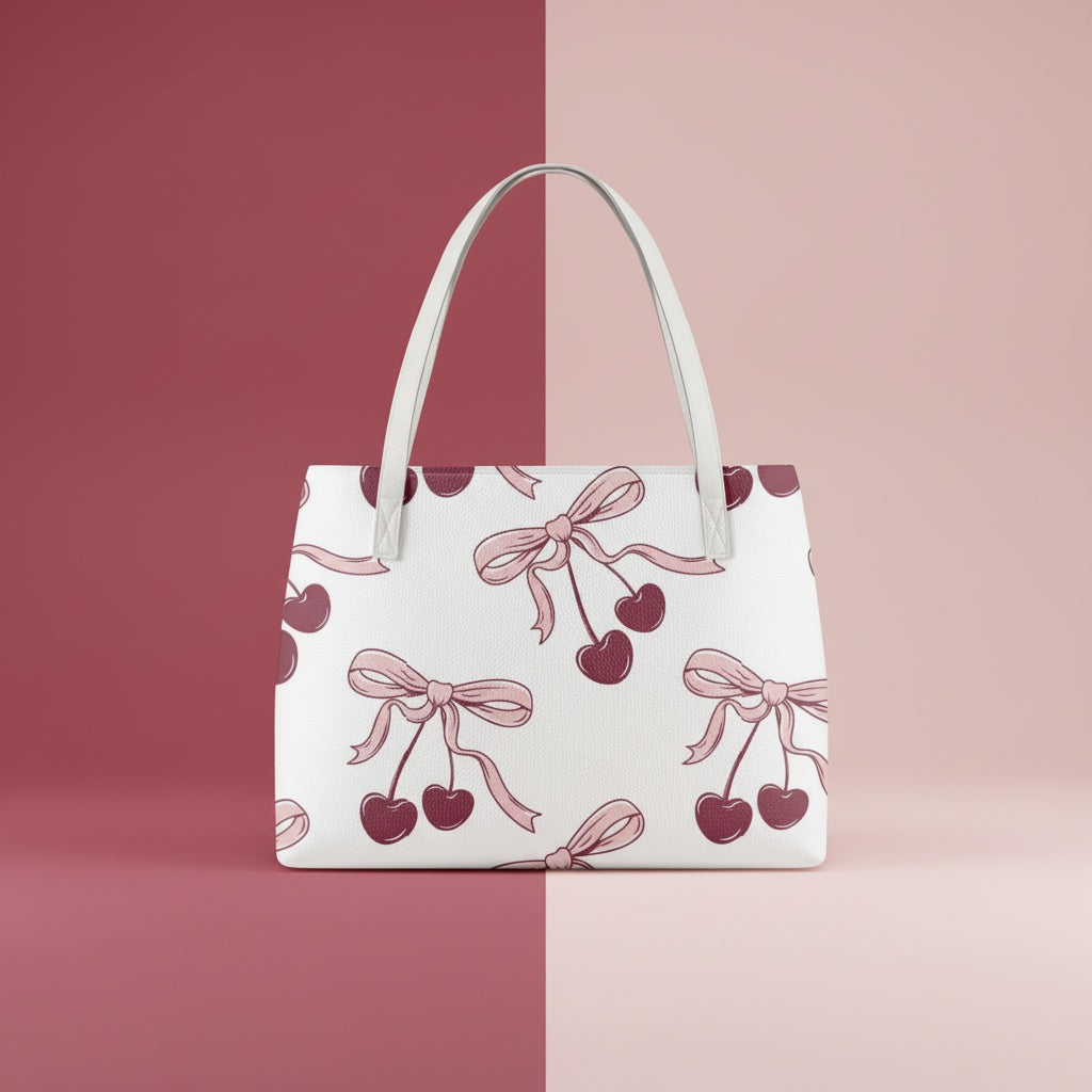 Handbag Cherry | Waterproof Shoulder Tote with Deep Red Cherries & Pink Bows