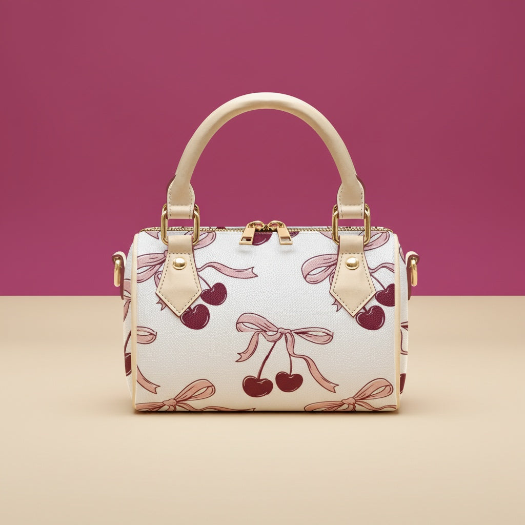 Cherry Handbag | Chic Crossbody Bag with Deep Red Cherries & Pink Bows