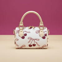 Cherry Handbag | Chic Crossbody Bag with Deep Red Cherries & Pink Bows
