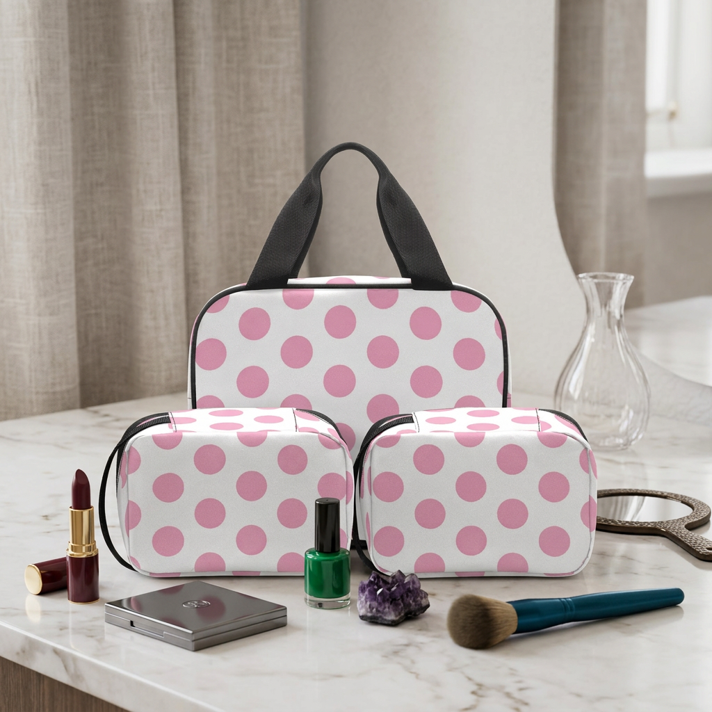 3-piece light pink polka dot makeup bag set with black handles and two zip pouches