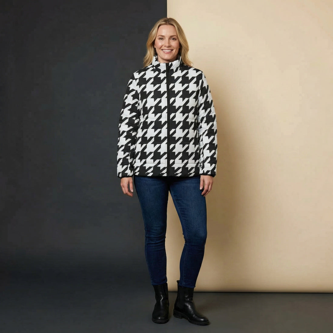 Ladies Black Puffer Coat | Classic Black and White Houndstooth Jacket