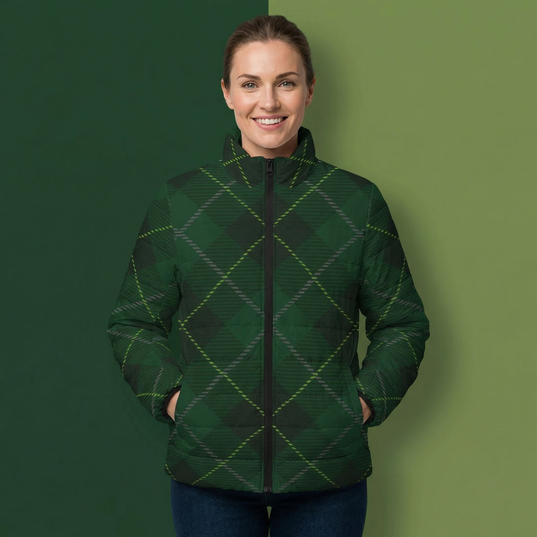 Black Puffer Coats | Green Tartan Plaid Winter Jacket