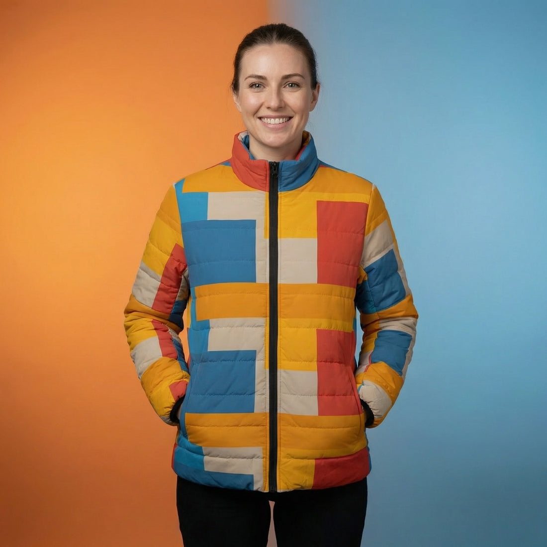 Color Block Puffer Coat | Blue Orange and Red Color Block Outerwear