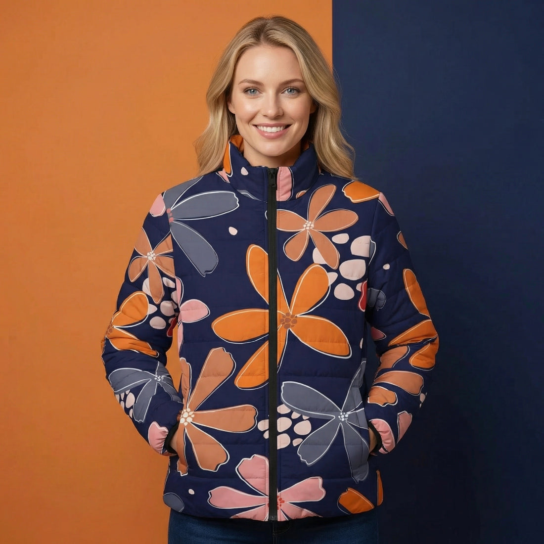 Floral Puffer Coat | Navy and Orange Floral Print Padded Coat