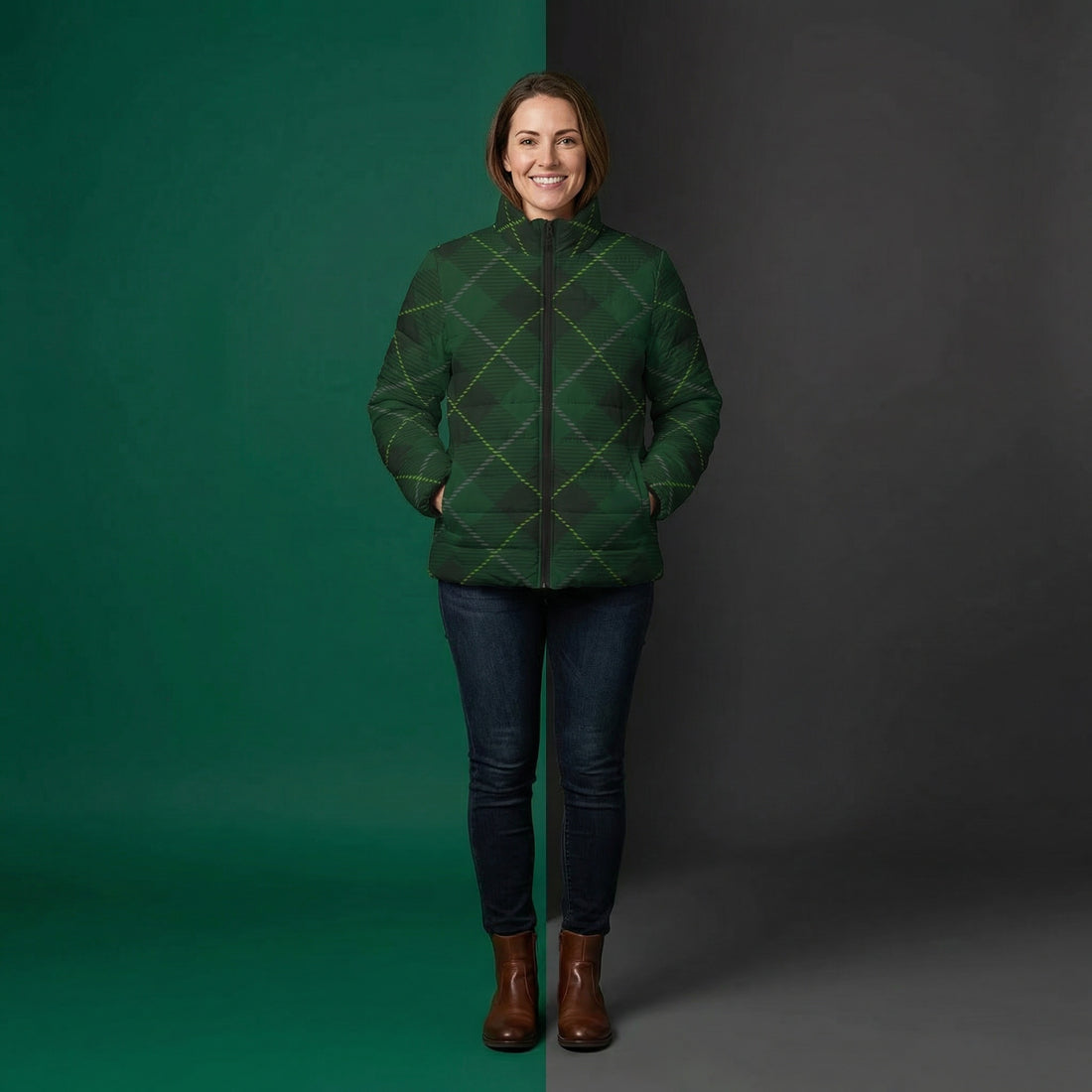 Black Puffer Coats | Green Tartan Plaid Winter Jacket