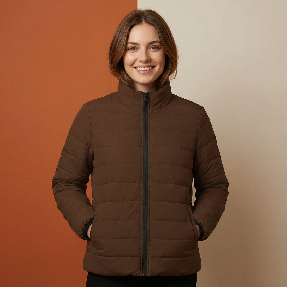 Brown Puffer Coat | Minimalist Plain Dark Brown Quilted Coat