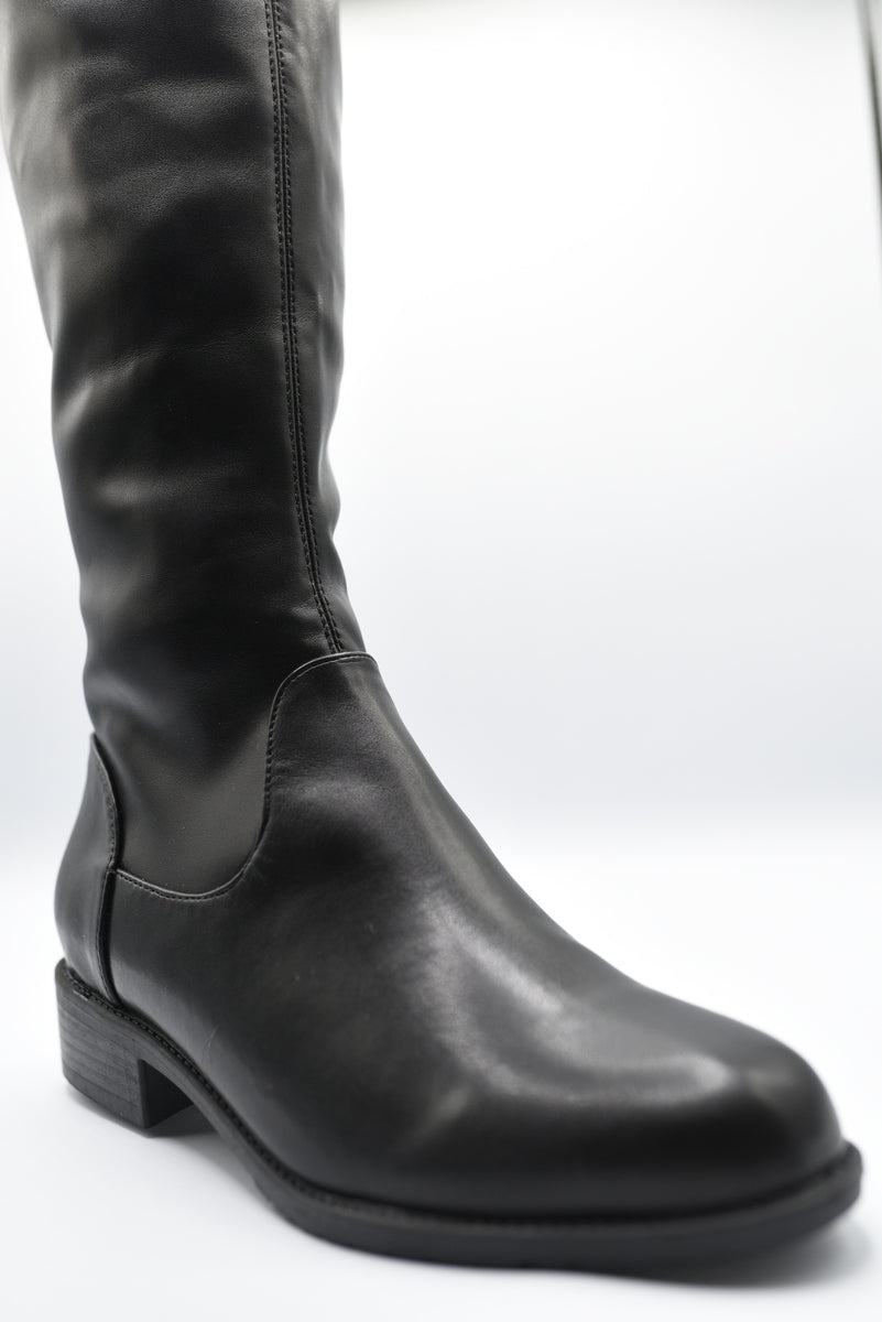 Over the Knee Boots in Black with Tie Detail and Low Heel