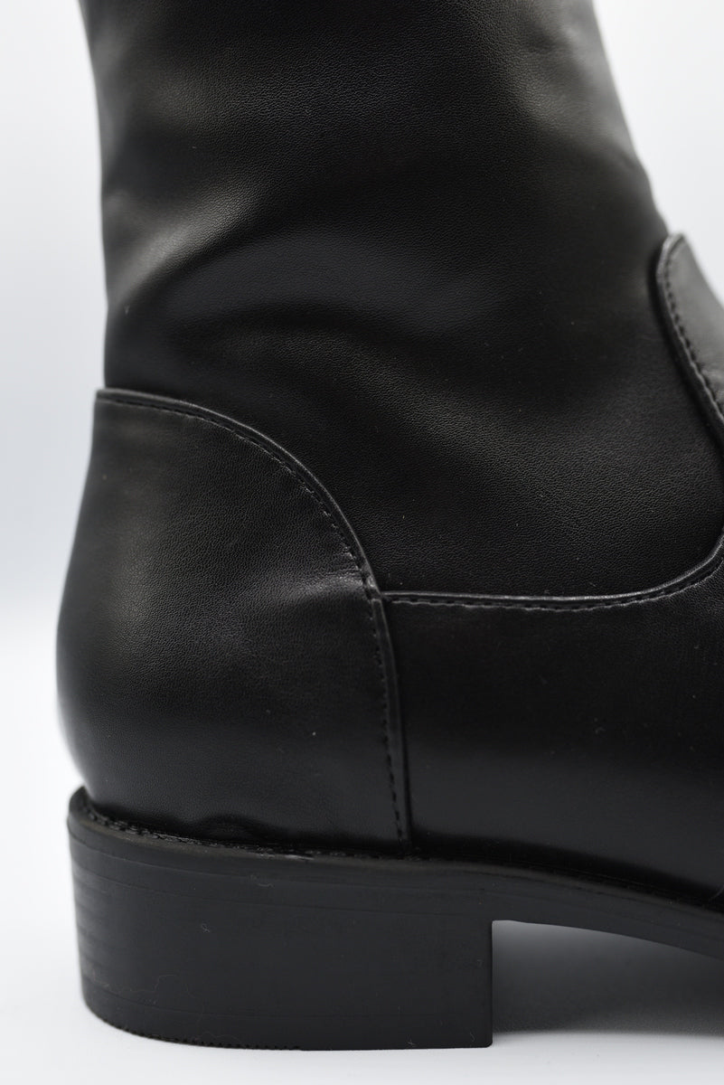 Over the Knee Boots in Black with Tie Detail and Low Heel