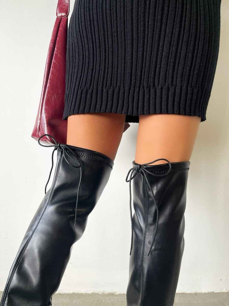Over the Knee Boots in Black with Tie Detail and Low Heel