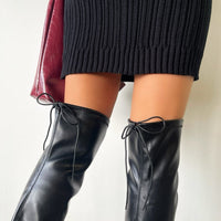 Over the Knee Boots in Black with Tie Detail and Low Heel