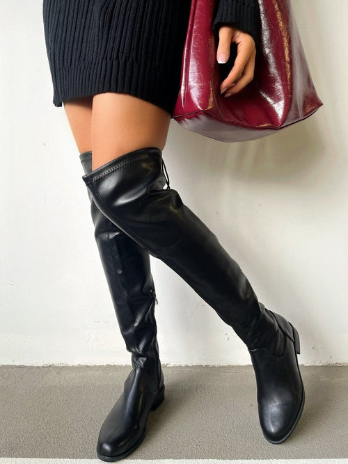 Over the Knee Boots in Black with Tie Detail and Low Heel