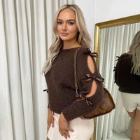 Cut Out Tie Bow Sleeve Detail Chunky Knitted Top