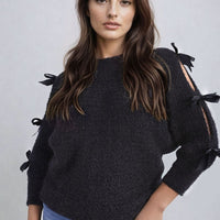 Cut Out Tie Bow Sleeve Detail Chunky Knitted Top