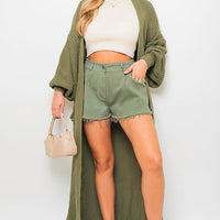 Maxi Cardigan in Khaki with Balloon Sleeves