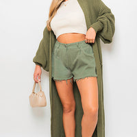 Maxi Cardigan in Khaki with Balloon Sleeves