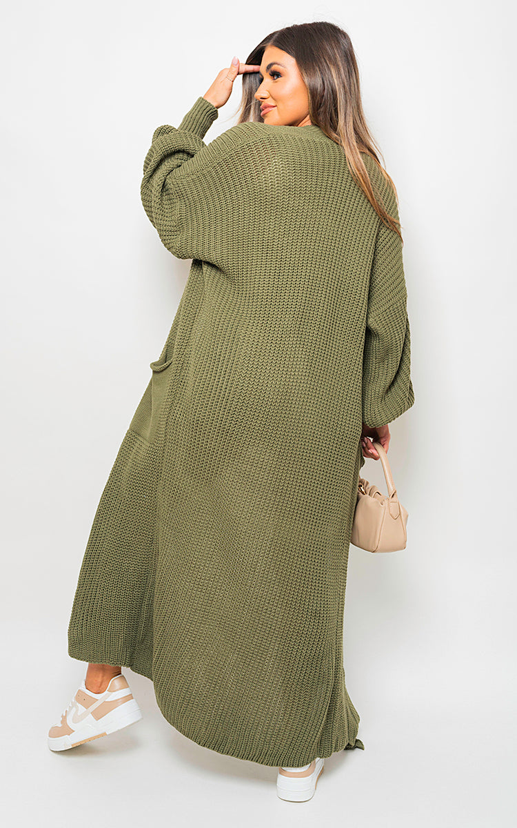 Maxi Cardigan in Khaki with Balloon Sleeves