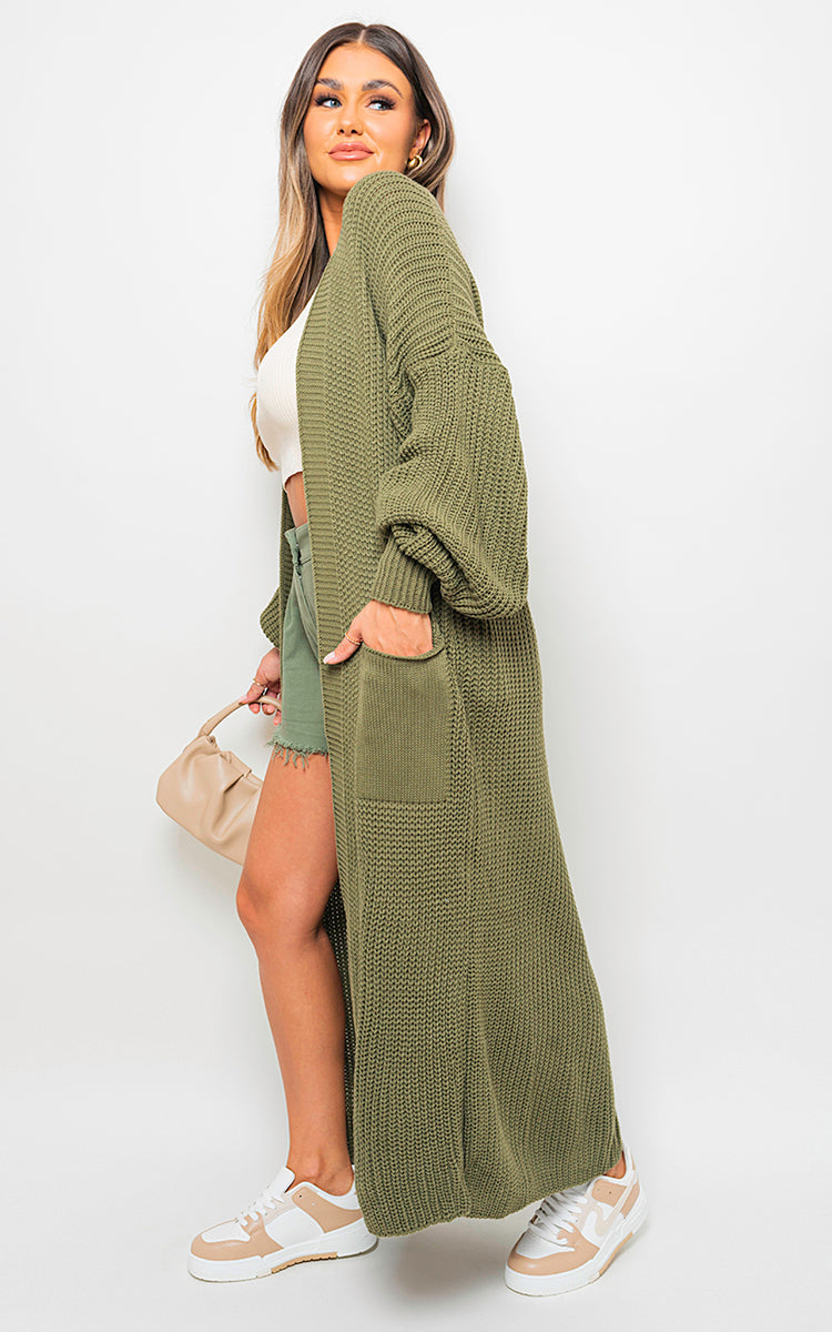 Maxi Cardigan in Khaki with Balloon Sleeves