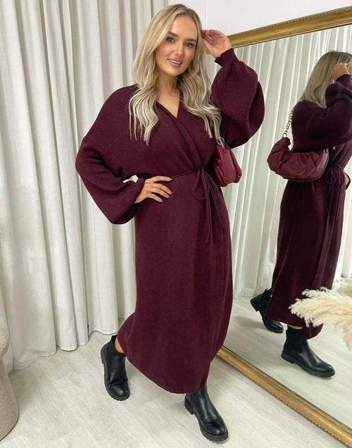 Maxi Cardigan in Brown with Tie Belt and Balloon Sleeves