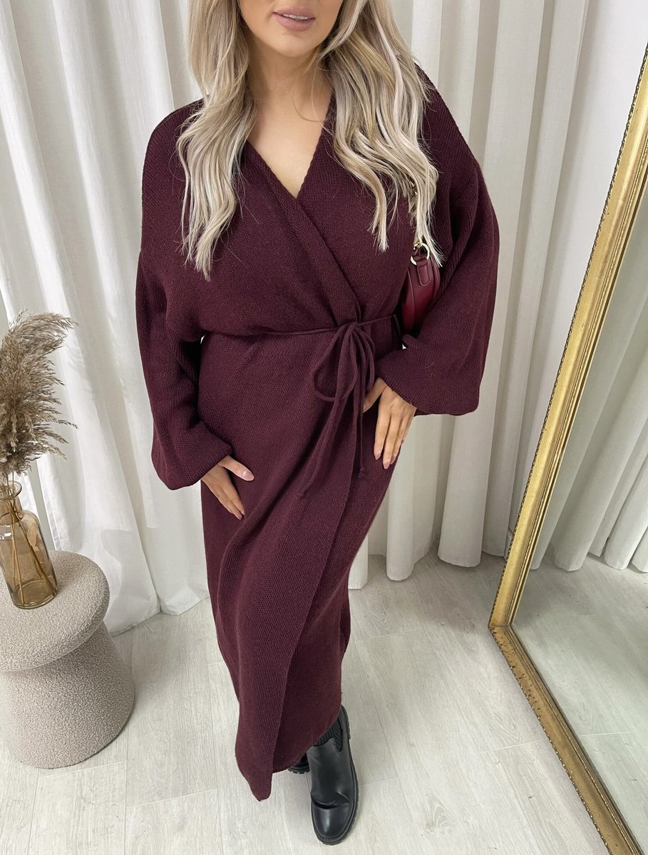 Maxi Cardigan in Brown with Tie Belt and Balloon Sleeves