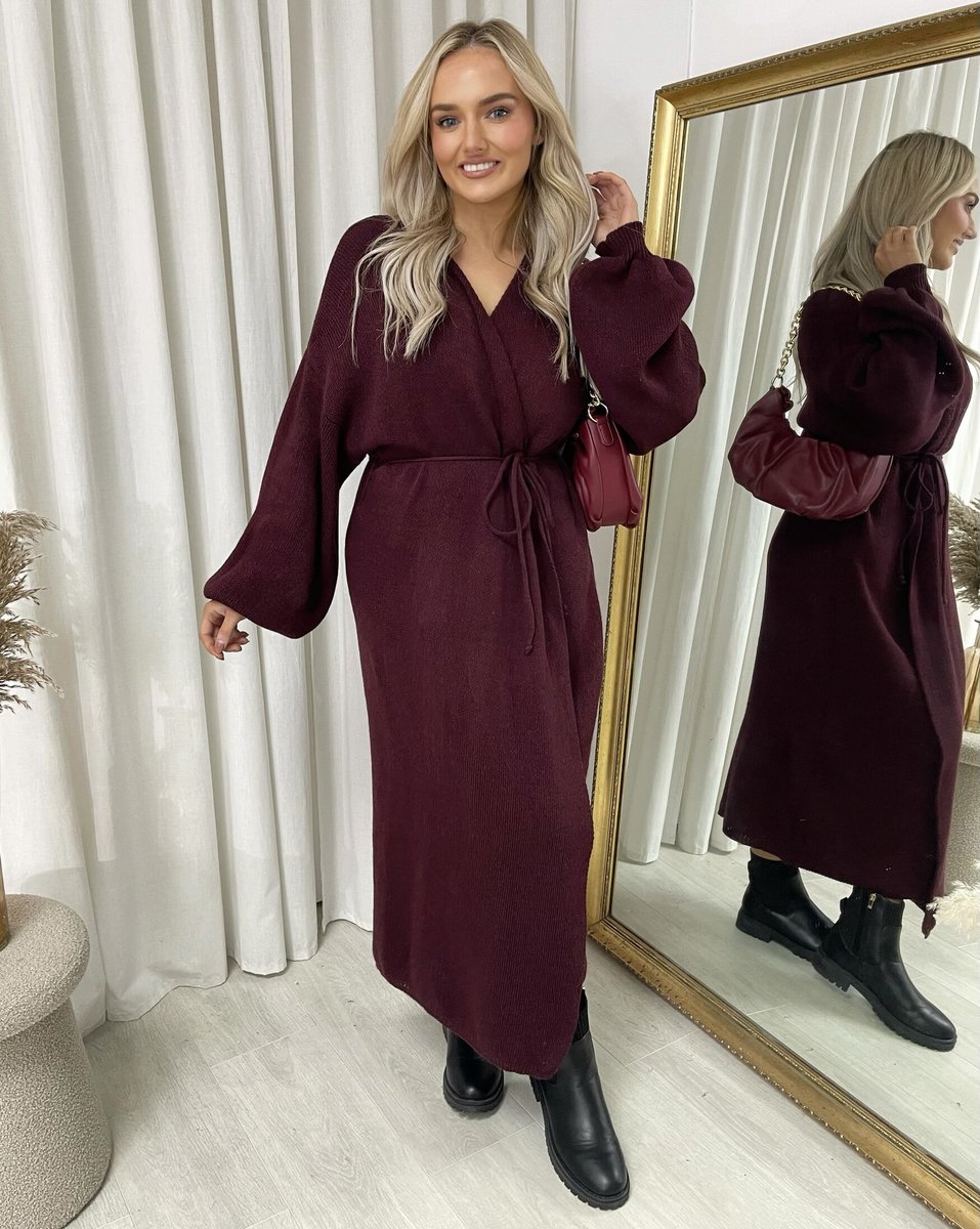 Maxi Cardigan in Brown with Tie Belt and Balloon Sleeves