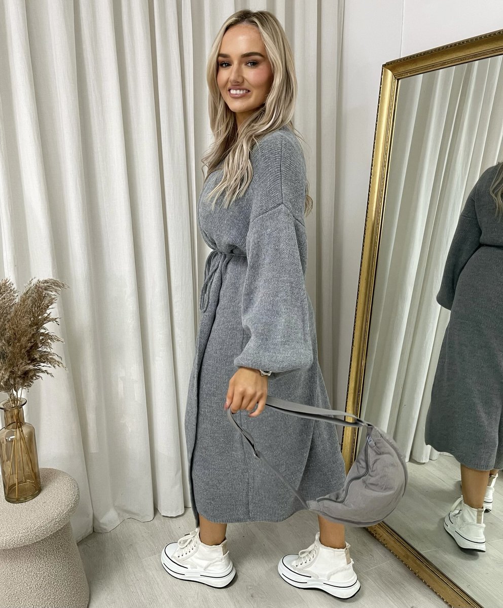 Maxi Cardigan in Brown with Tie Belt and Balloon Sleeves