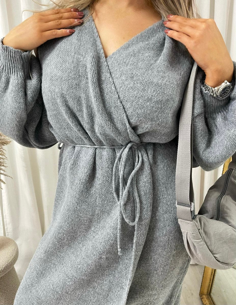 Maxi Cardigan in Brown with Tie Belt and Balloon Sleeves