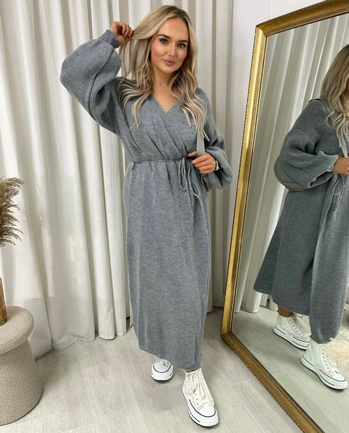 Maxi Cardigan in Brown with Tie Belt and Balloon Sleeves