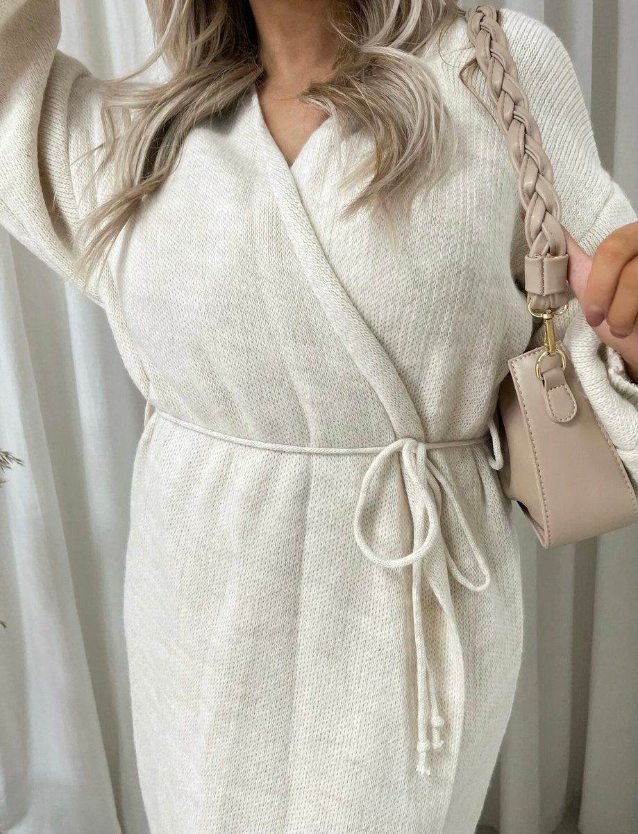 Maxi Cardigan in Brown with Tie Belt and Balloon Sleeves