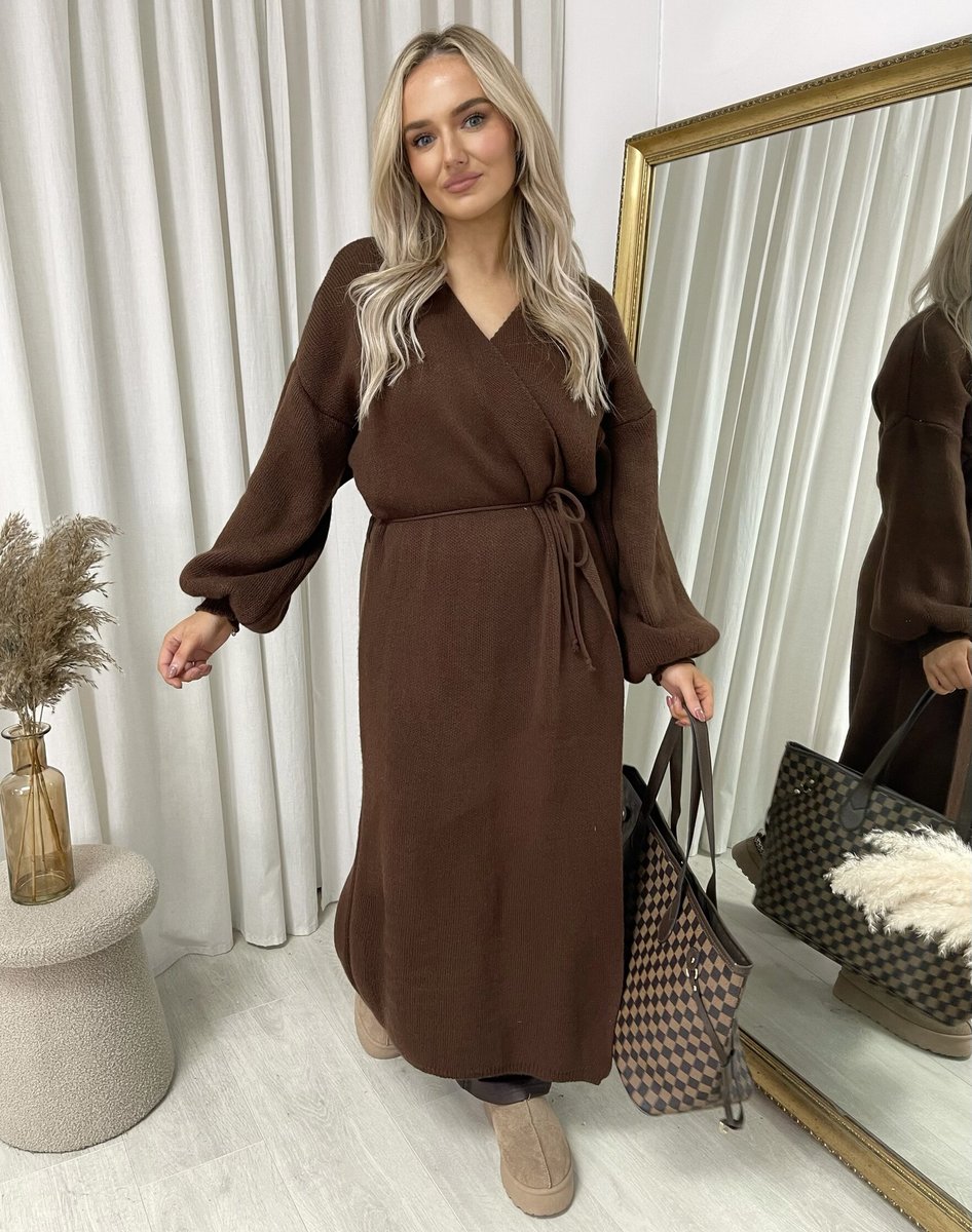 Maxi Cardigan in Brown with Tie Belt and Balloon Sleeves