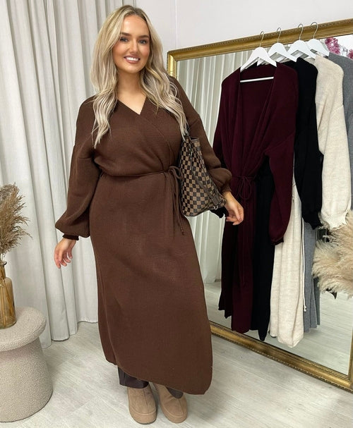 Maxi Cardigan in Brown with Tie Belt and Balloon Sleeves