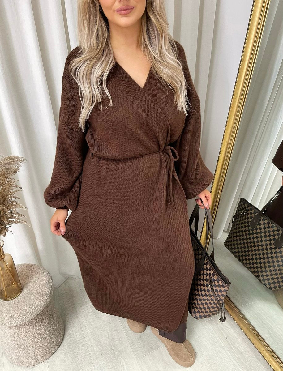 Maxi Cardigan in Brown with Tie Belt and Balloon Sleeves