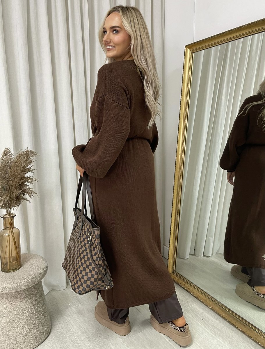 Maxi Cardigan in Brown with Tie Belt and Balloon Sleeves