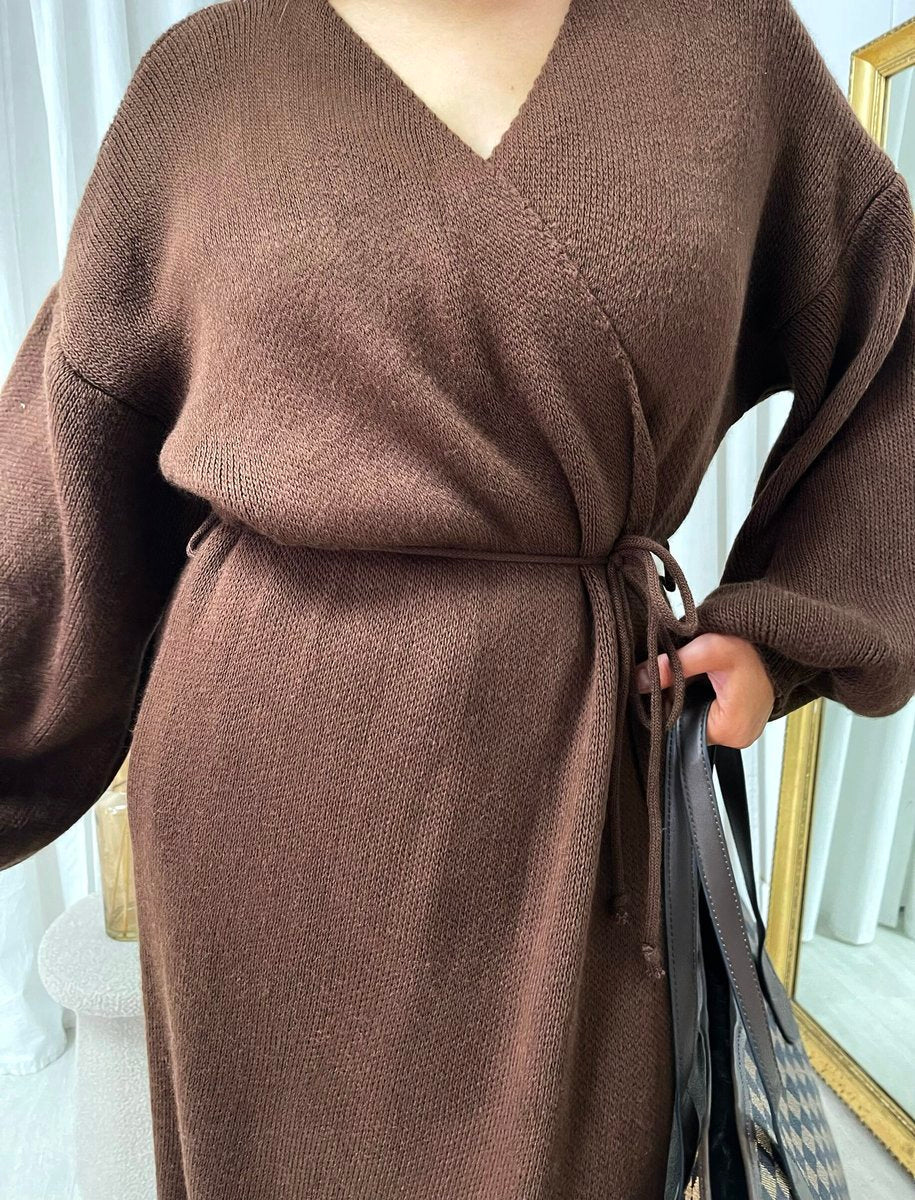 Maxi Cardigan in Brown with Tie Belt and Balloon Sleeves