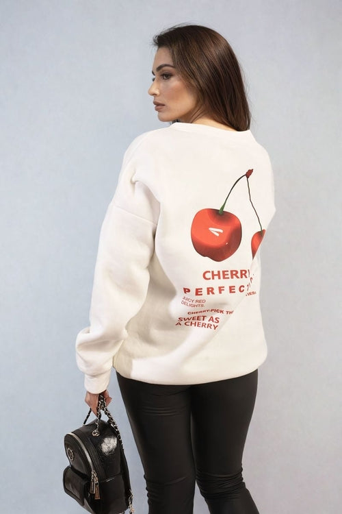 White oversized knitted jumper with large back cherry graphic and text design