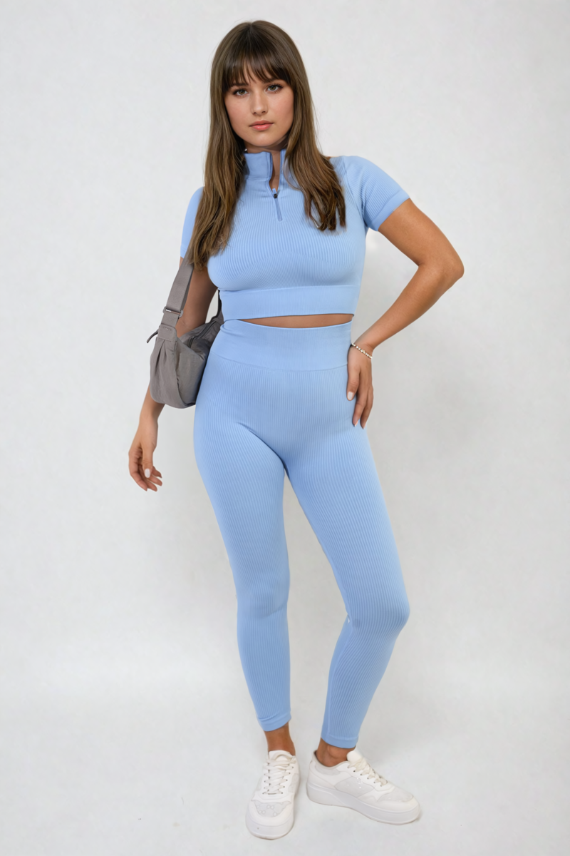 Light blue ribbed half-zip crop top and high-waist leggings set, front stance