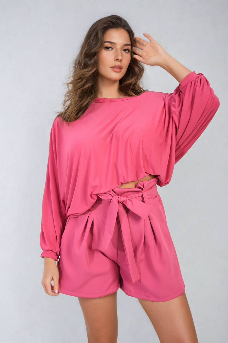 Pink paper bag high-waist shorts with knotted tie belt and pleated front