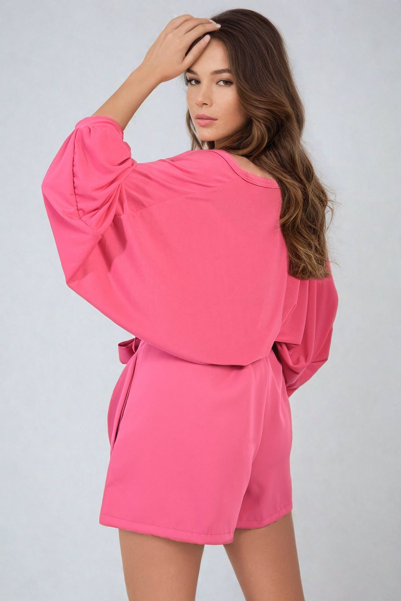 Pink paper bag high-waist shorts with tie belt at the waist and gathered front