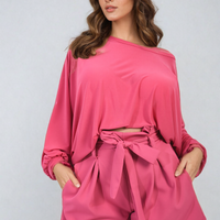 Fuchsia paper bag high-waist shorts with wide tie belt and gathered waist