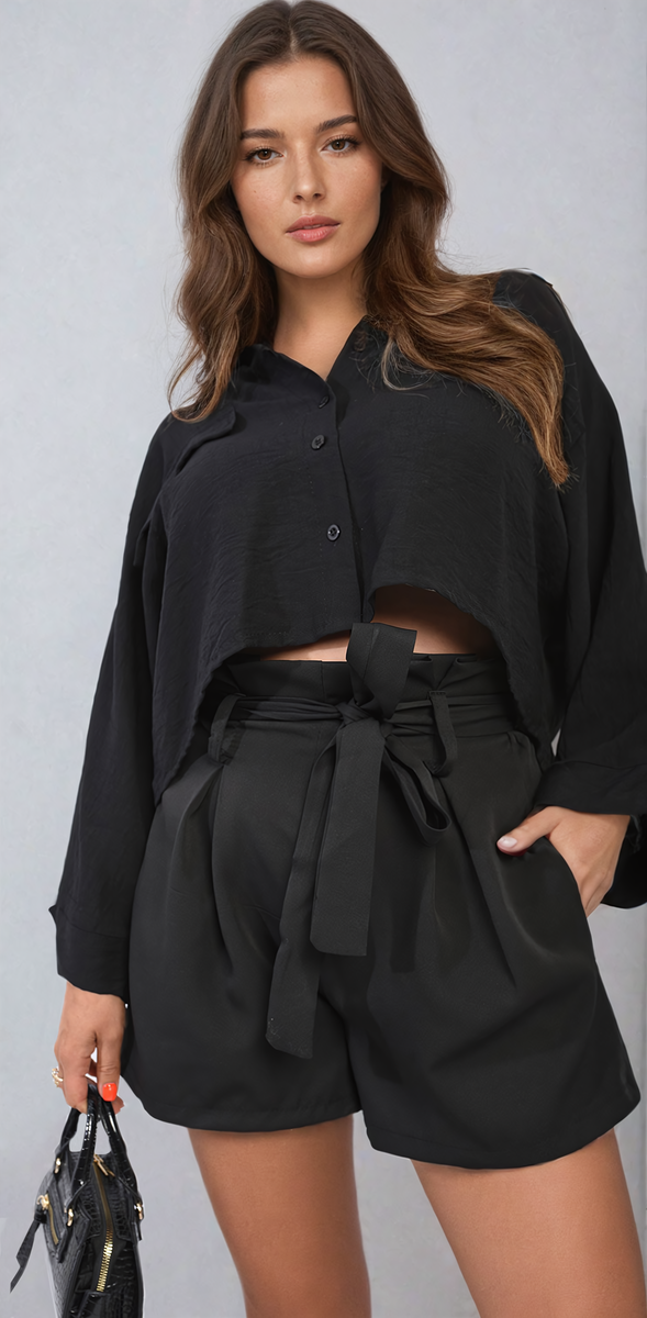 Black paper bag high-waist shorts with bow tie belt and gathered waist