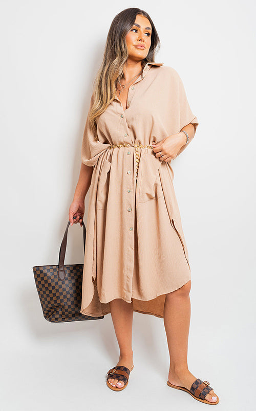 Camel button-down collared midi dress with two front pockets and tied waist belt