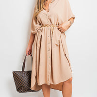 Camel button-down collared midi dress with two front pockets and tied waist belt