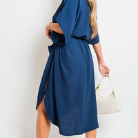 Navy button-down collared midi dress with two front pockets and belt tie