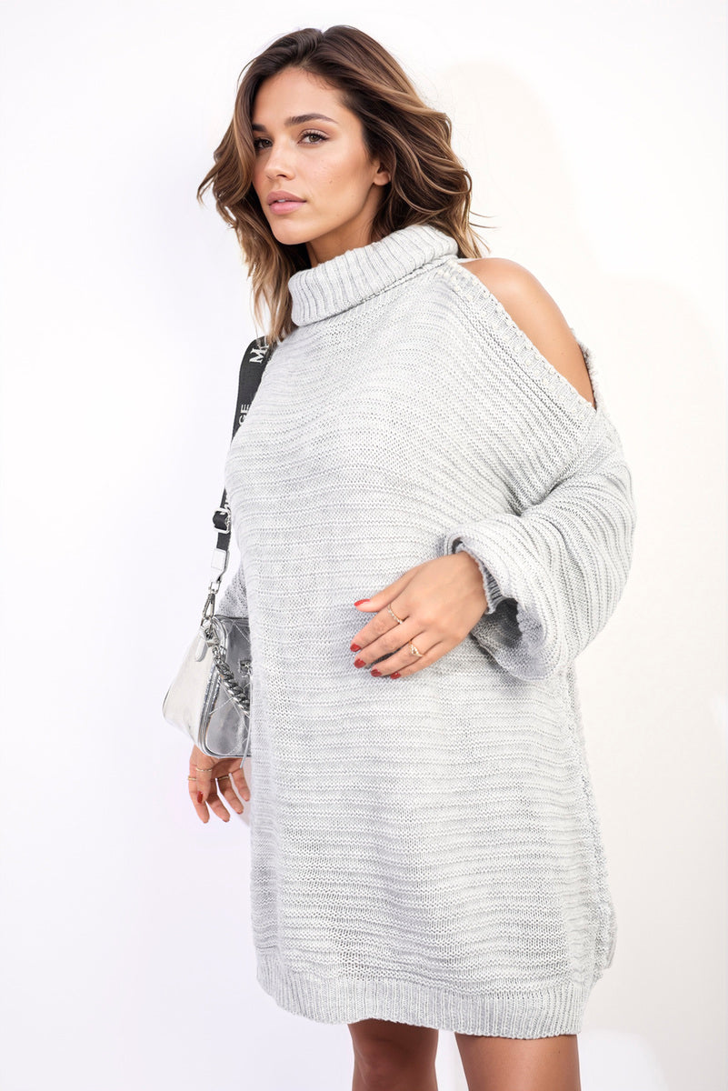 Light grey high-neck oversized knit jumper with cold-shoulder cutouts and studded trim