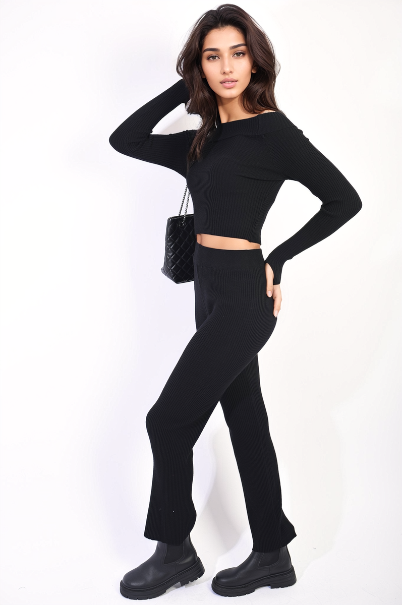 Knitted Co-ord Set in Black with Off Shoulder Crop Top and Trousers