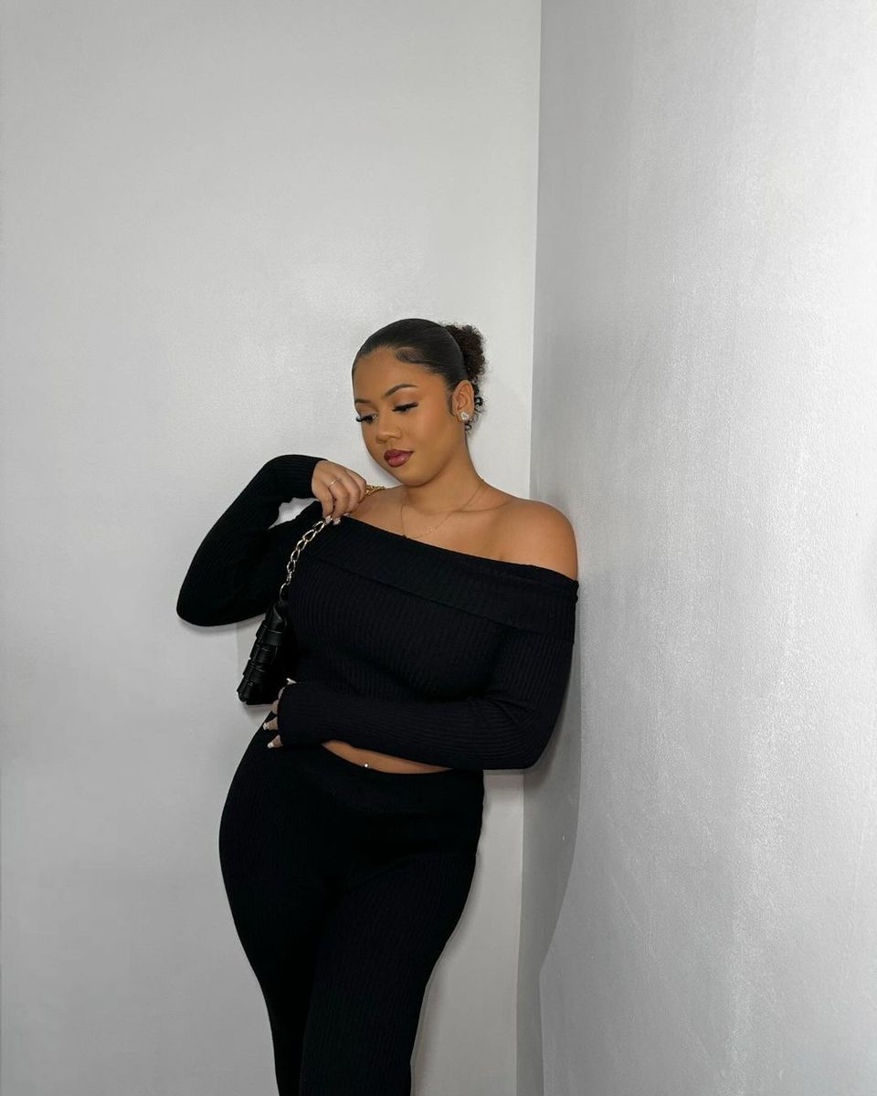 Knitted Co-ord Set in Black with Off Shoulder Crop Top and Trousers
